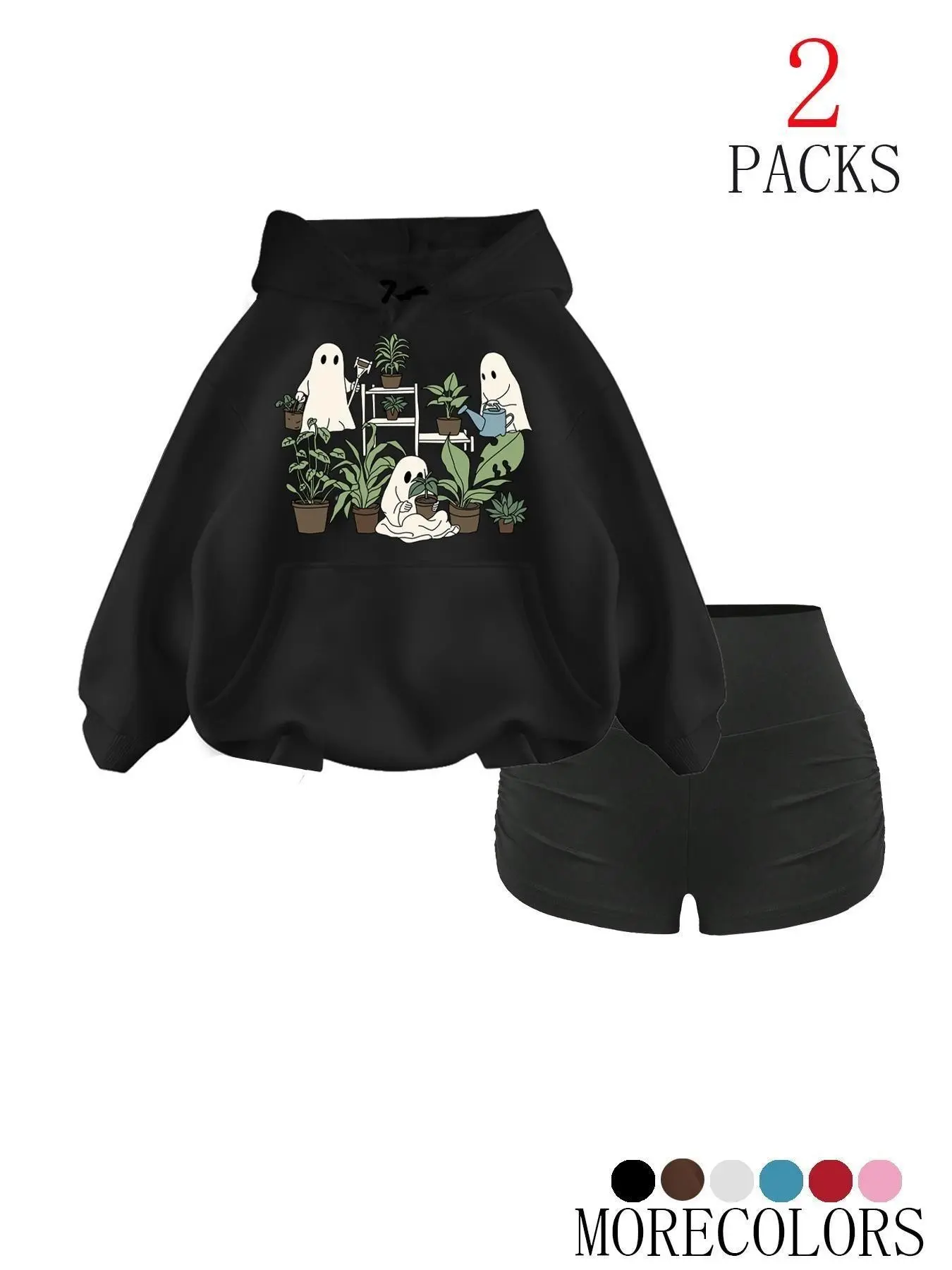 Halloween Theme Women's Fall Winter Warm Hooded Sweatshirt Set, Trendy Pocket Hoodie and Workout Shorts, Loose Fit, Letter Pattern