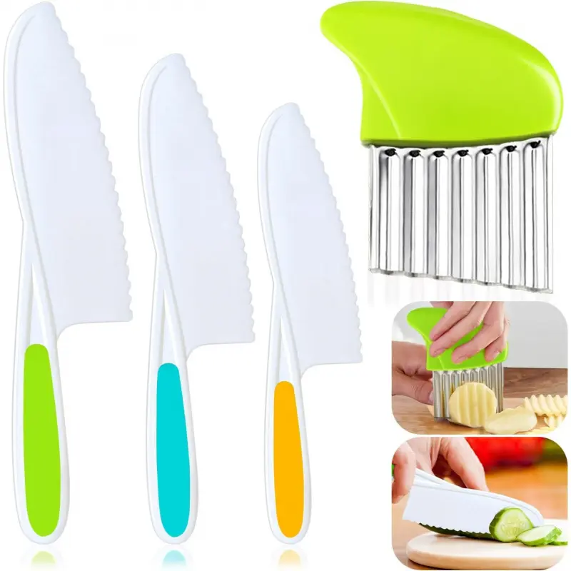 4 Pcs Kids Knife Set, Kids Kitchen Knife with Crinkle Cutter, Serrated Edges Plastic Toddler Chef Knife for Real Cooking & Cutting Fruit Bread, Montessori Kitchen Tools