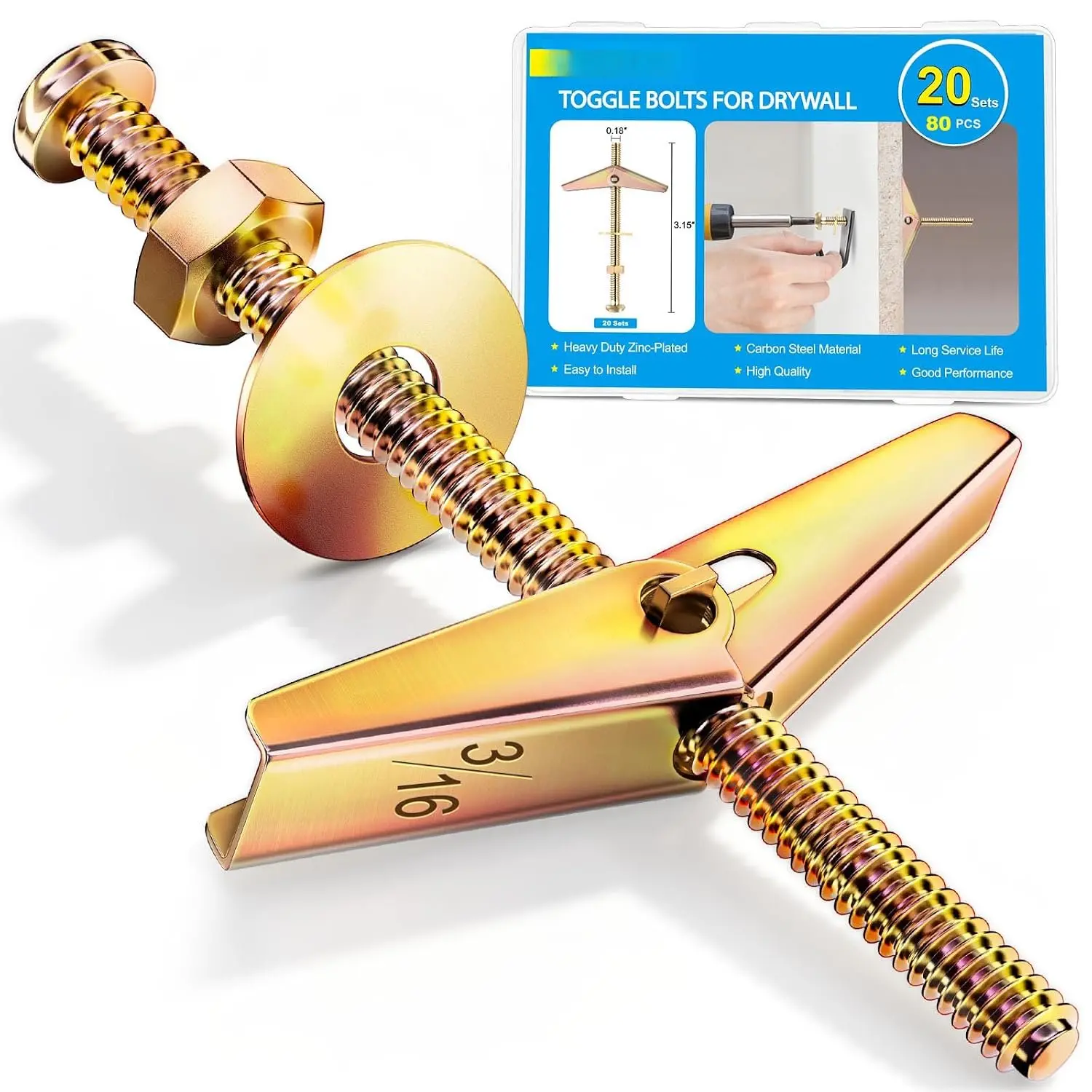 20 Sets Toggle  for Drywall, Heavy Duty Colored Zinc Butterfly Anchors, 3/16 Inch Hollow Wall Anchors, High Load Toggler Drywall Anchor Kit for , Wall Anchors for Drywall Ceiling