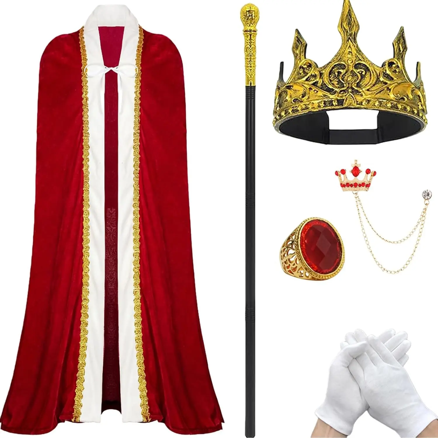 King & Queen Costume Set – Renaissance Medieval Royal Cape & Cloak with Crown & Scepter, Red Velvet Robe for Men, Adult Cosplay for Halloween & Christmas Party(Gift)