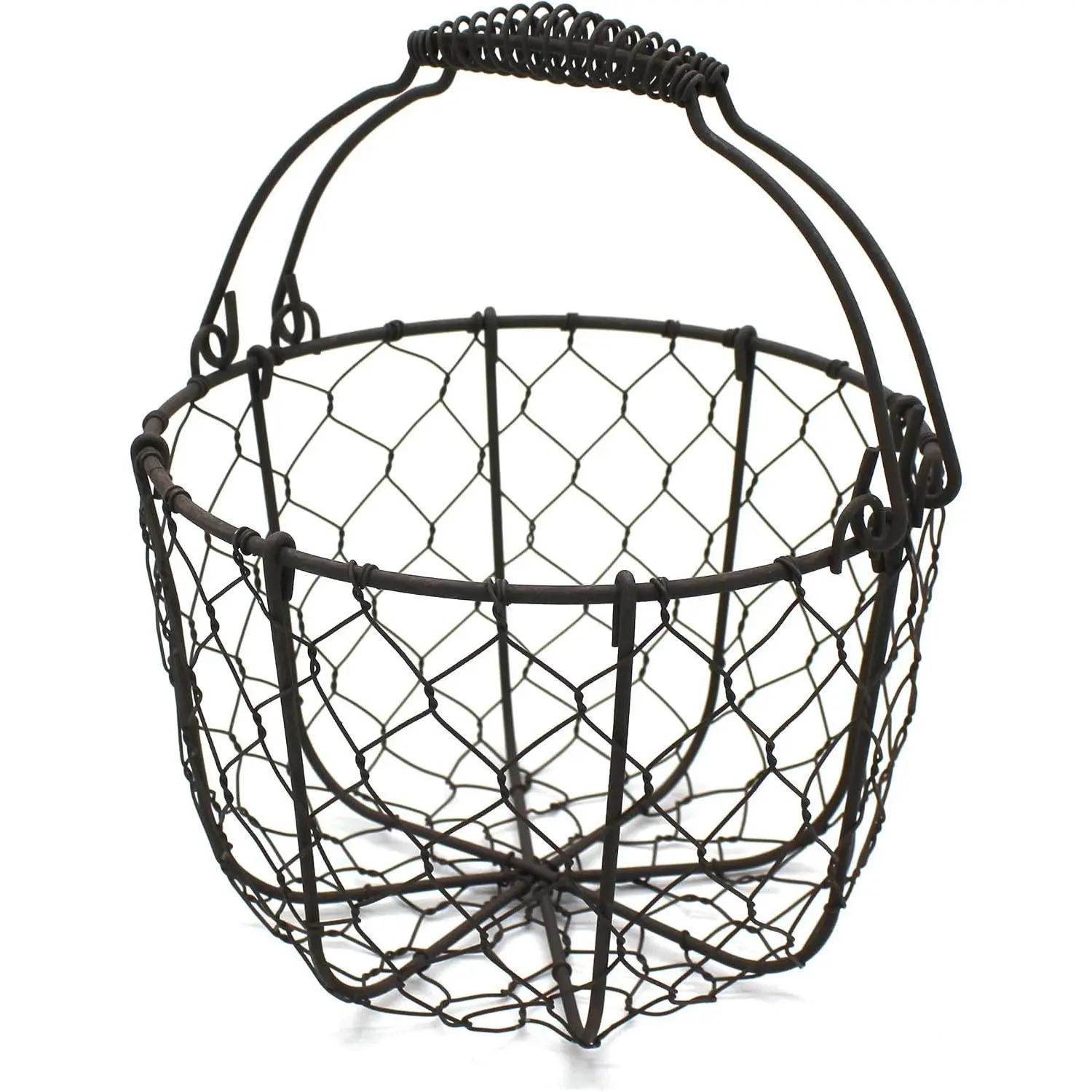 CVHOMEDECO. Round Chicken Wire Egg Basket Fruit Basket with Swing Handles Primitives Vintage Gathering Basket. Rusty