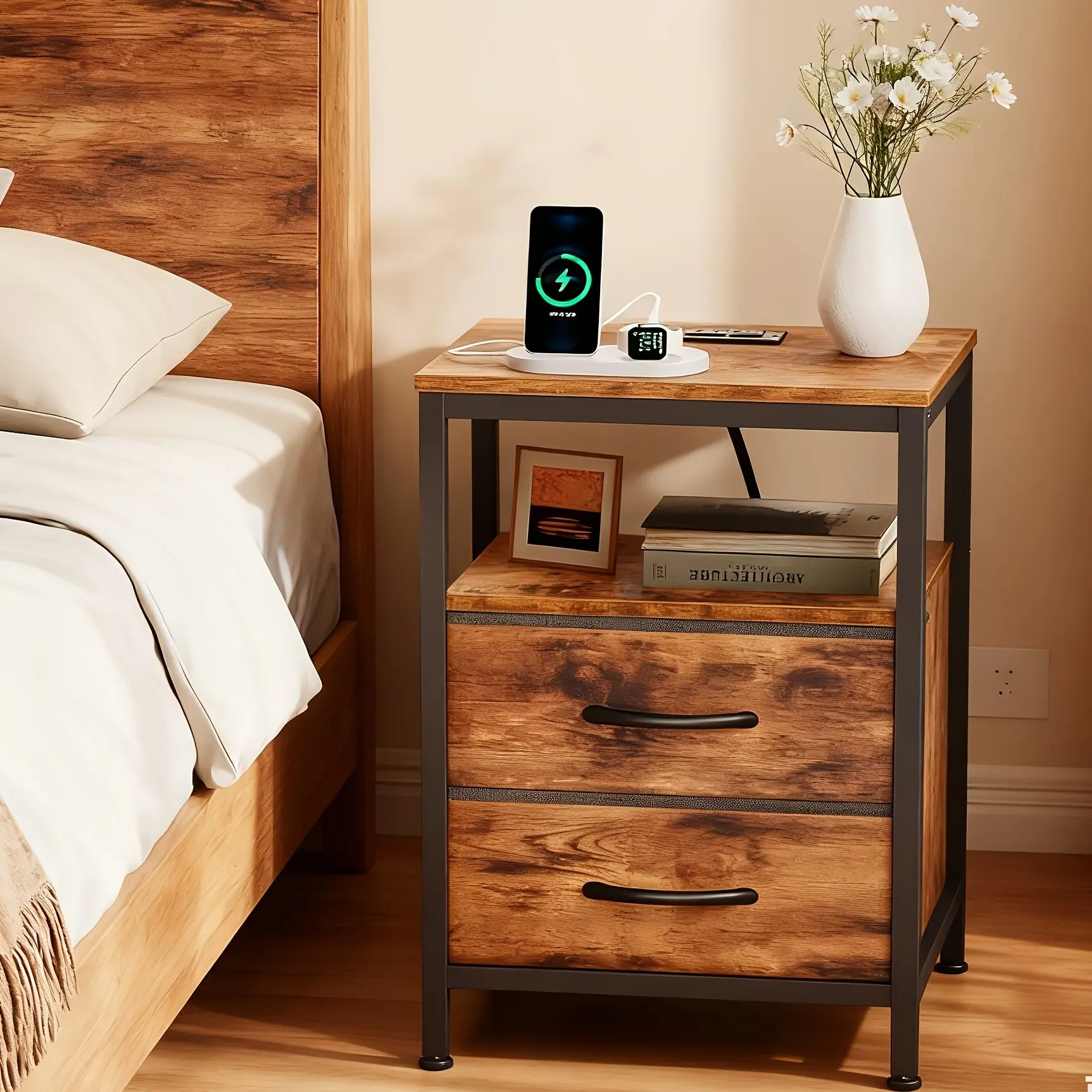 1/ 2P Bedside Table with Quick Charge USB/ Type-C Ports - Space Saving Floating Nightstand with 2 Adjustable Drawers& Built-in Socket, Ideal for Modern Bedrooms