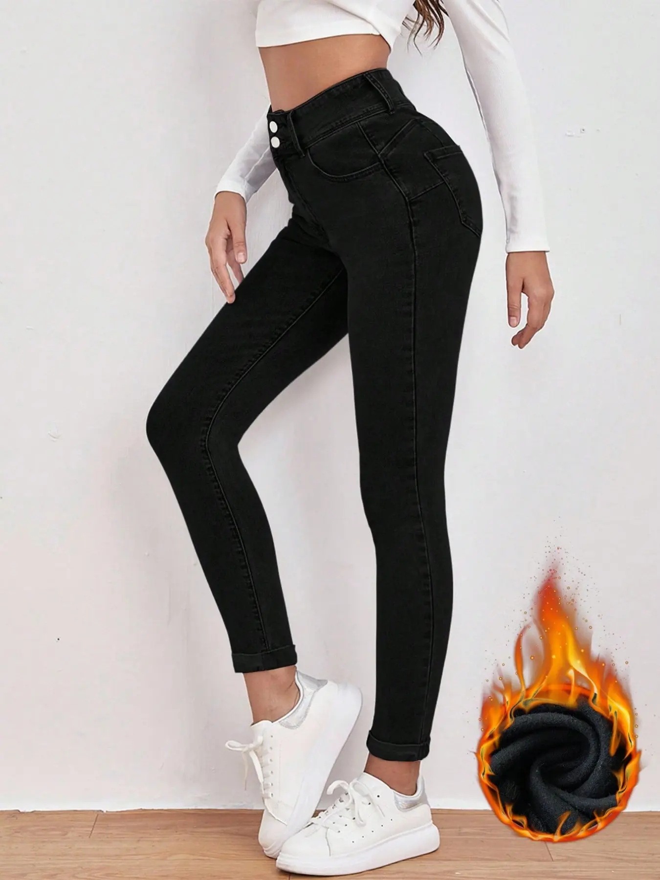 Women's Fleece Lined Tight Jeans, High Waist Button Fly Denim Jeans, Casual Solid Color Long Jeans for Fall & Winter