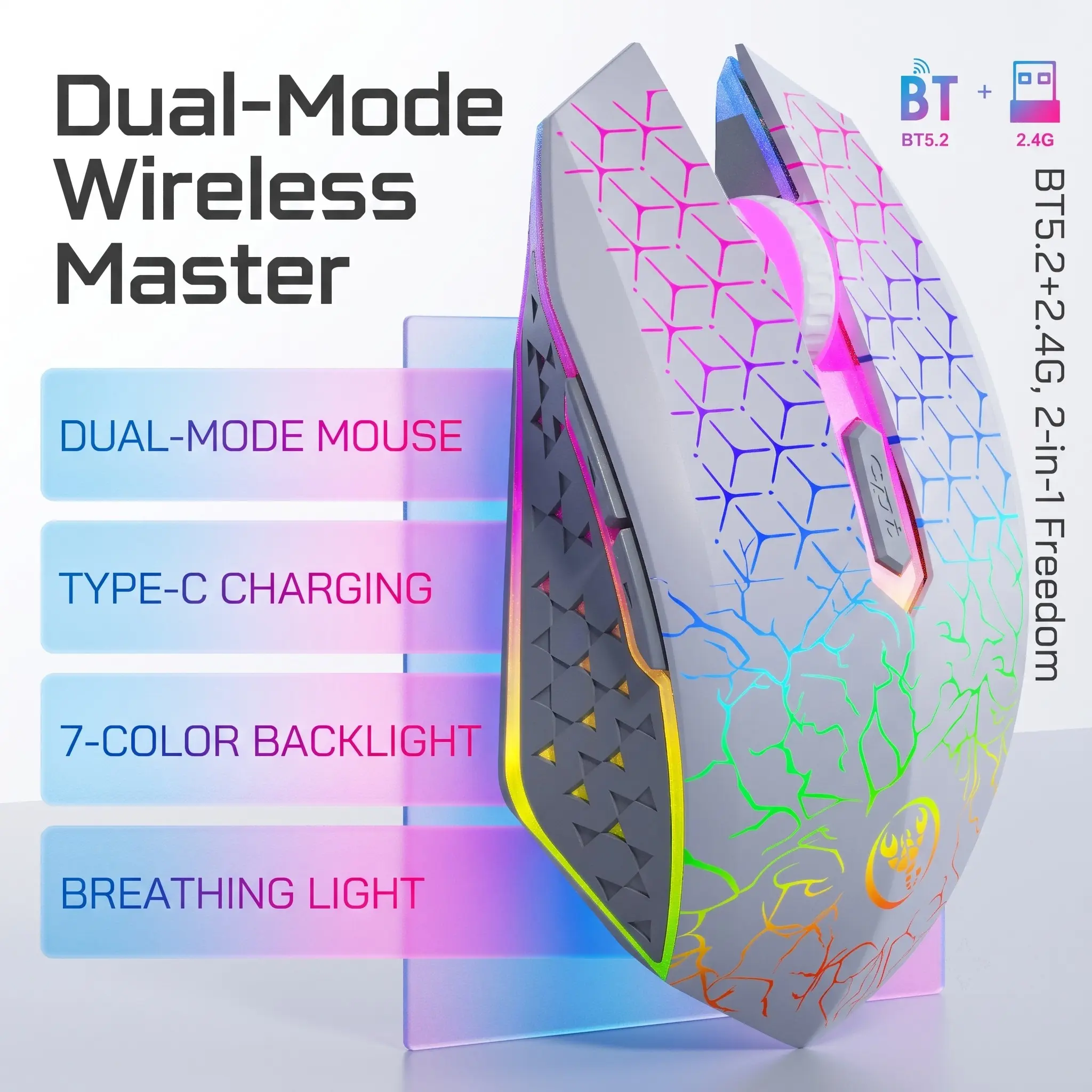 Hxsj-T34 Wireless Dual-Mode Mouse, Color Lighting, Silent Button, Type-C Charging, Suitable for PC Laptops and Desktops
