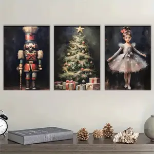 2D canvas painting, 3-piece framed canvas wall art set, flower and fruit canvas art set, and Christmas tree canvas art set, high-quality wooden frame, rustic wood, perfect for home, office, living room, bedroom, hallway, or cafe decoration, holiday-themed