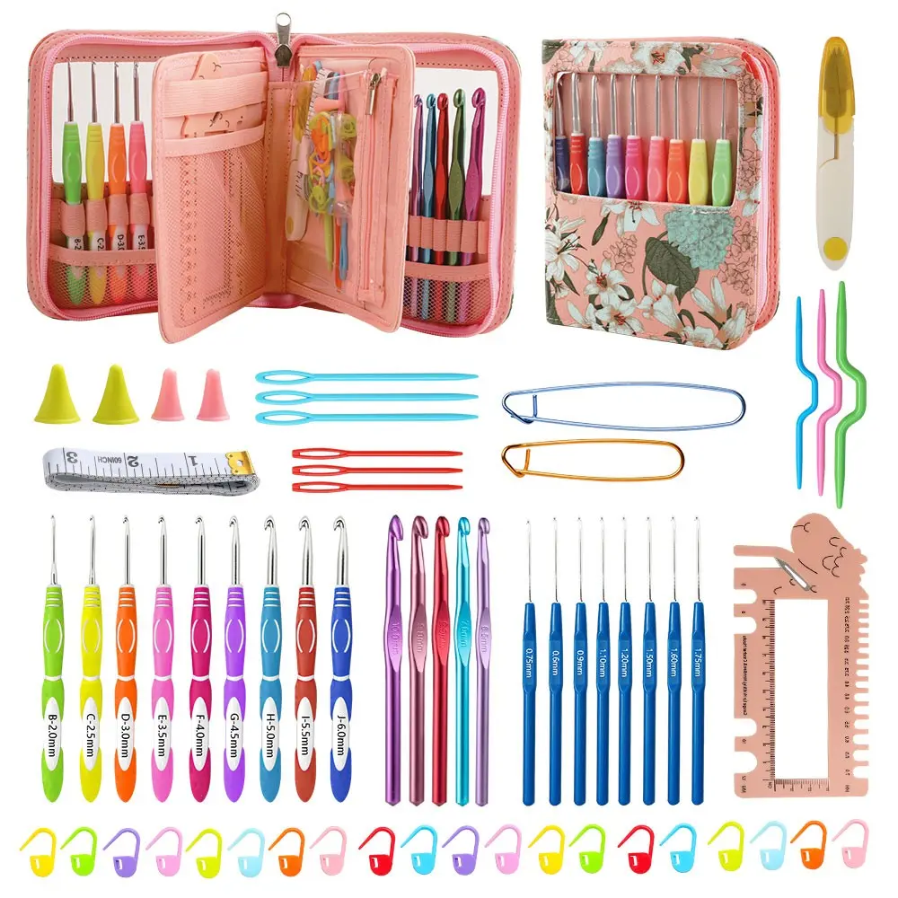 61 Piece Crochet Hook Set, Sizes 0.75mm to 10mm, Anti-Arthritis Grip, Long Needle Tips, Ideal Gift