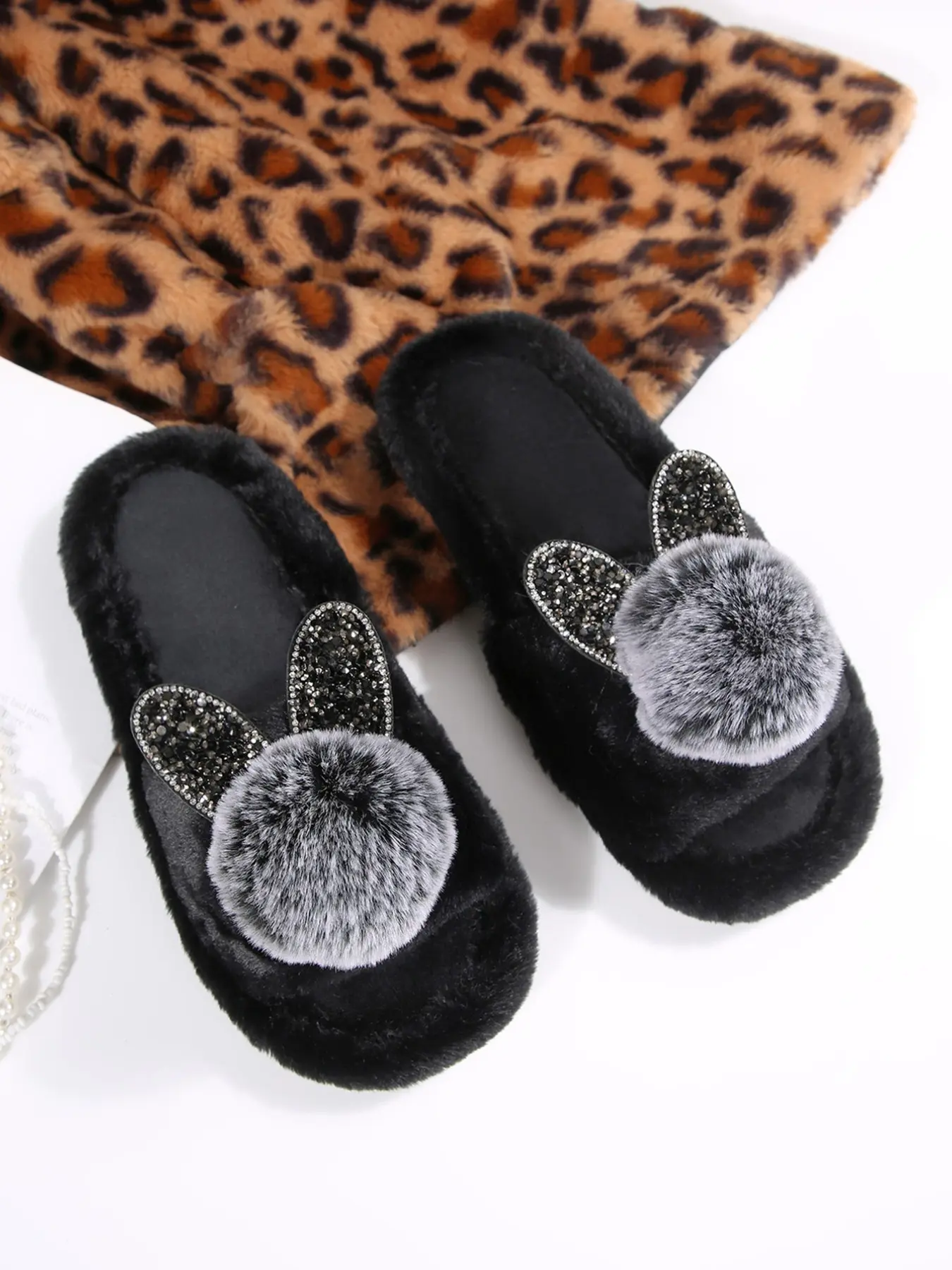 Women's Cute Bunny Ear Velvet Slippers, Plush Open-Toe Anti-Slip Indoor Shoes, Comfortable Velvety Finish Rubber Sole, Perfect for Home Use