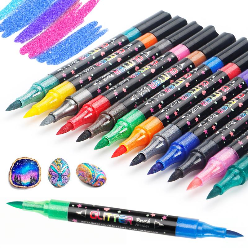 24/48 Colors Glitter Brush Markers,Dual Tip Dual Color Brush Glitter Marker for Doodle Writing, Glitter Art Crafts Adults DIY Crafts Greeting Birthday Cards Making