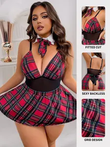 Sexy Women's Cosplay Dress Set, Plaid Role Play Mesh Patchwork Bra Set, 3-Piece Sleeveless, Party Style, All-Season Wear