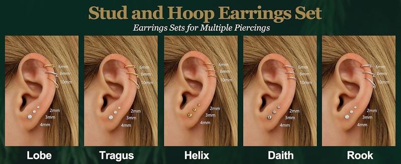 THUNARAZ 36 Pcs Tiny Piercing Flat Back Stud Earrings for Women Stainless Steel Hypoallergenic Cartilage Earrings Cubic Zirconia Tiny Ball Earrings Hoops Conch Helix Cartilage Jewelry for Daily Outings Summer Beach Vocation Christmas Gift