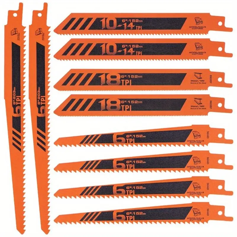 10-Piece Orange Reciprocating Saw Blade Set, Universal High-Efficiency Cutting Blades for Wood, Plastic & Aluminum
