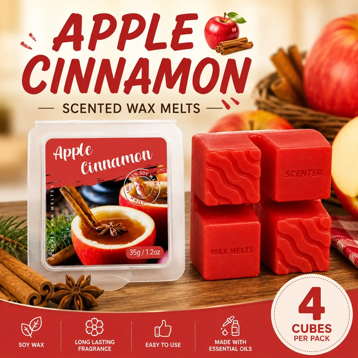 Wax Melts Soy Wax Cubes Apple & Cinnamon Scent 4-Pack 5OZ for Home Fragrance | Long-Lasting Scented Wax Melt for Wax Warmers, Office, SPA, Bedroom