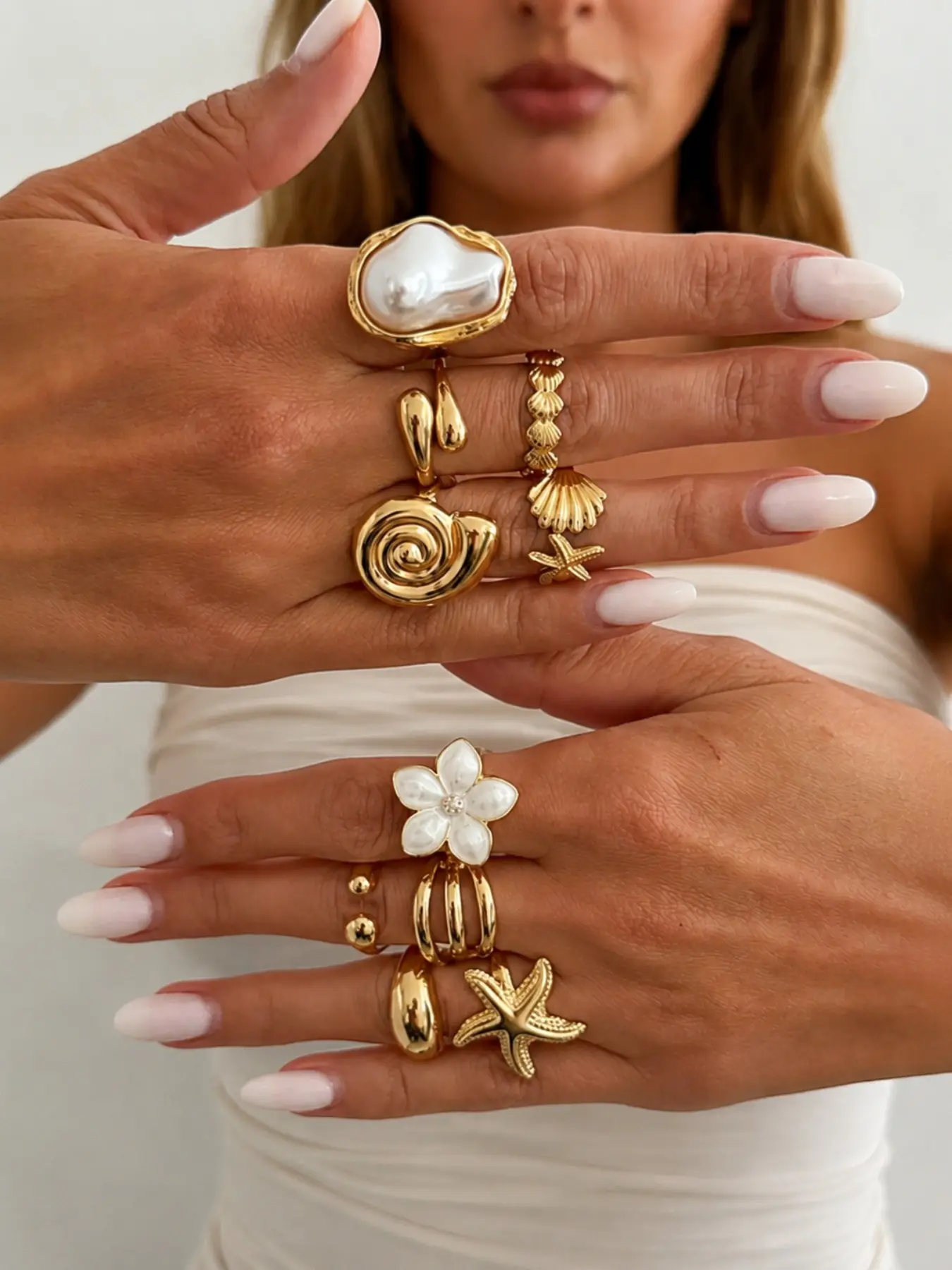 10 Pcs Boho Beach Starfish Ring Set, Alloy Flower Stackable Rings, Party Jewelry, Gift for Holidays, Birthday, Beach Vacation