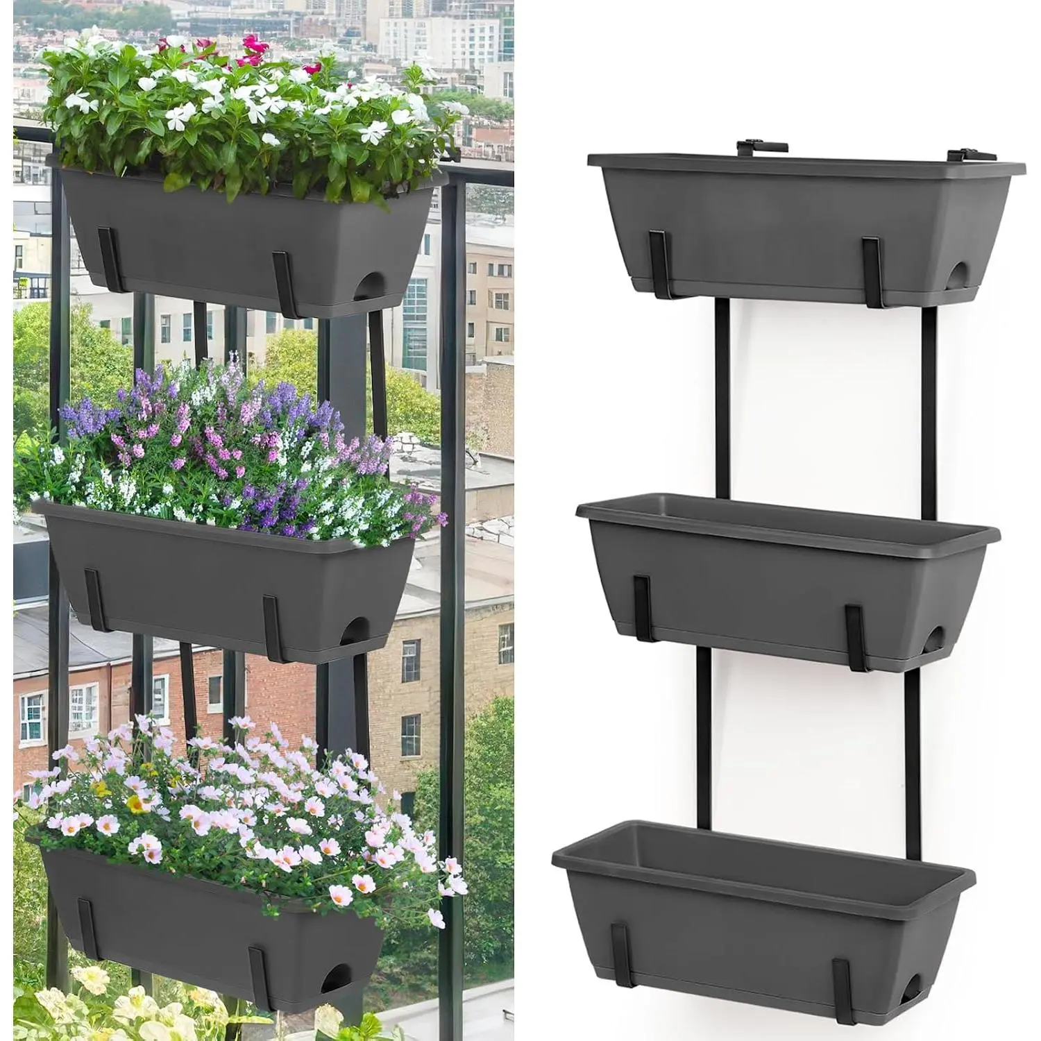 Deck Railing Planter Boxes Set of 2 Over The Fence Planters Rail  Planter Boxes with Adjustable Brackets, 6 Plastic Flower Boxes, Grey