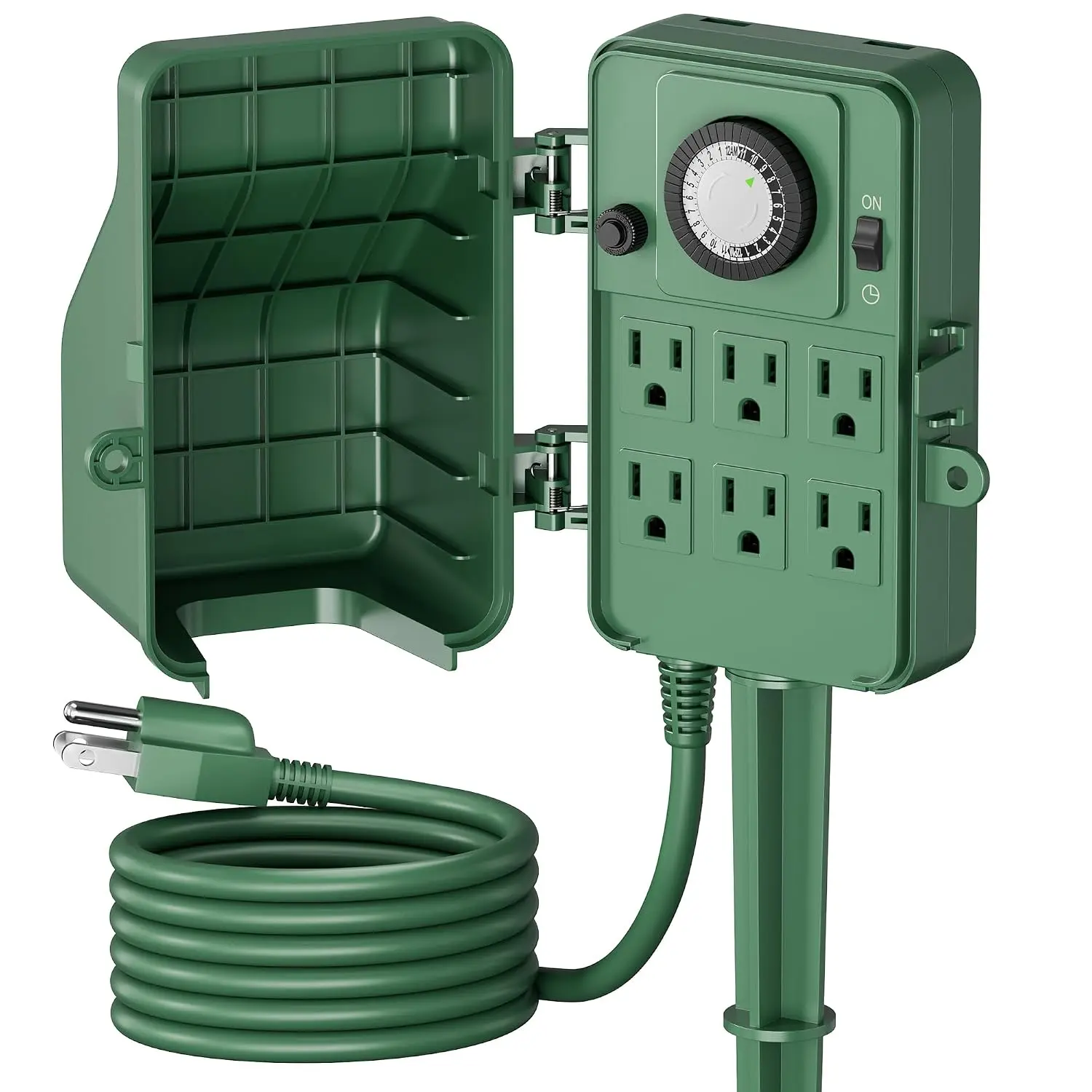 Outdoor power timer, 24-hour mechanical timer, 6 outlets| 30-minute interval; weatherproof casing; 6-foot wire; overload protection, suitable for patios, gardens, holiday lighting, ETL certified