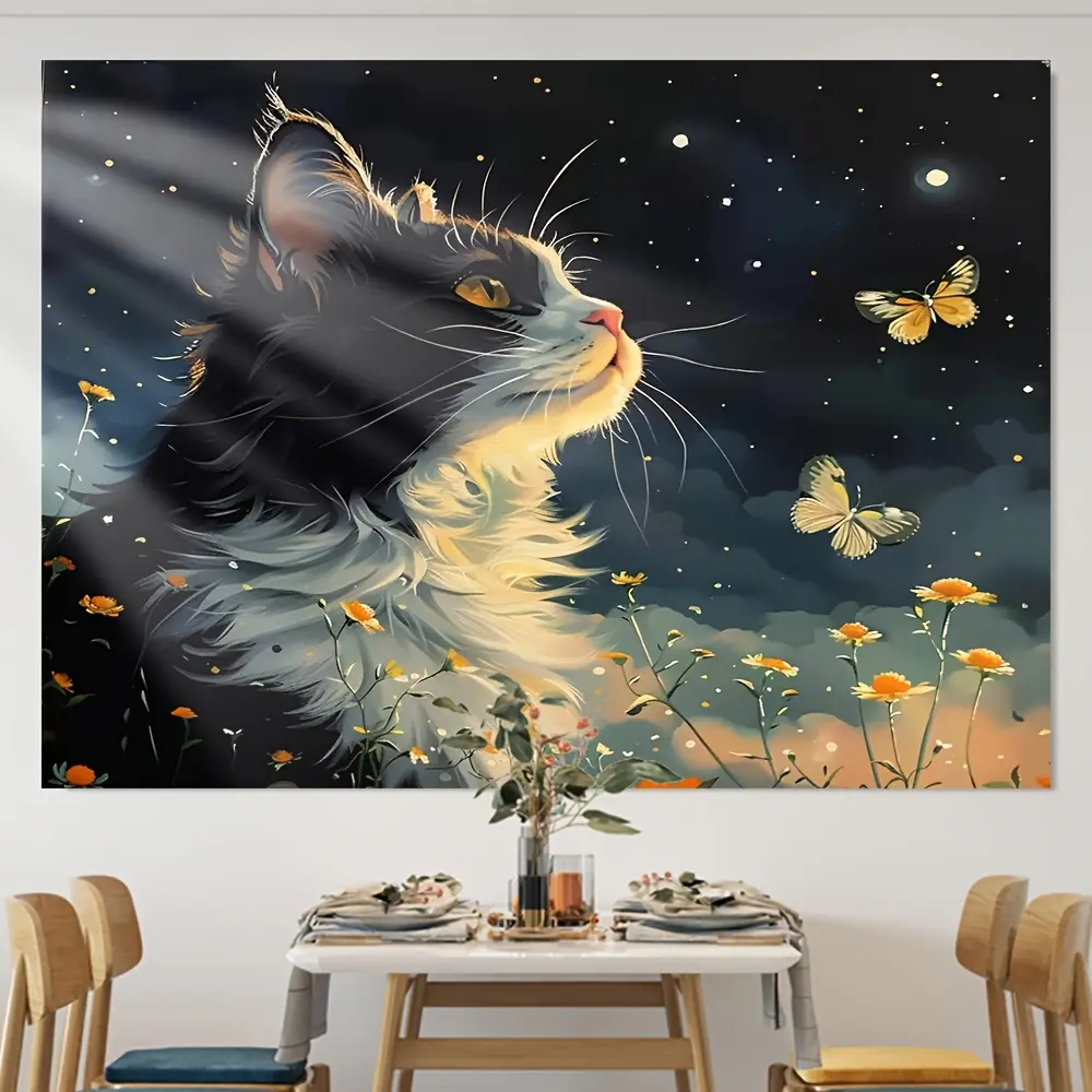 Giant Black Cat & Butterfly Starry Sky Tapestry - Vibrant Polyester Wall Hanging with Nighttime Scene, Easy to Hang for Indoor/Outdoor Decor, Perfect for Rooms, Offices, or Parties, Seasonal Decoration