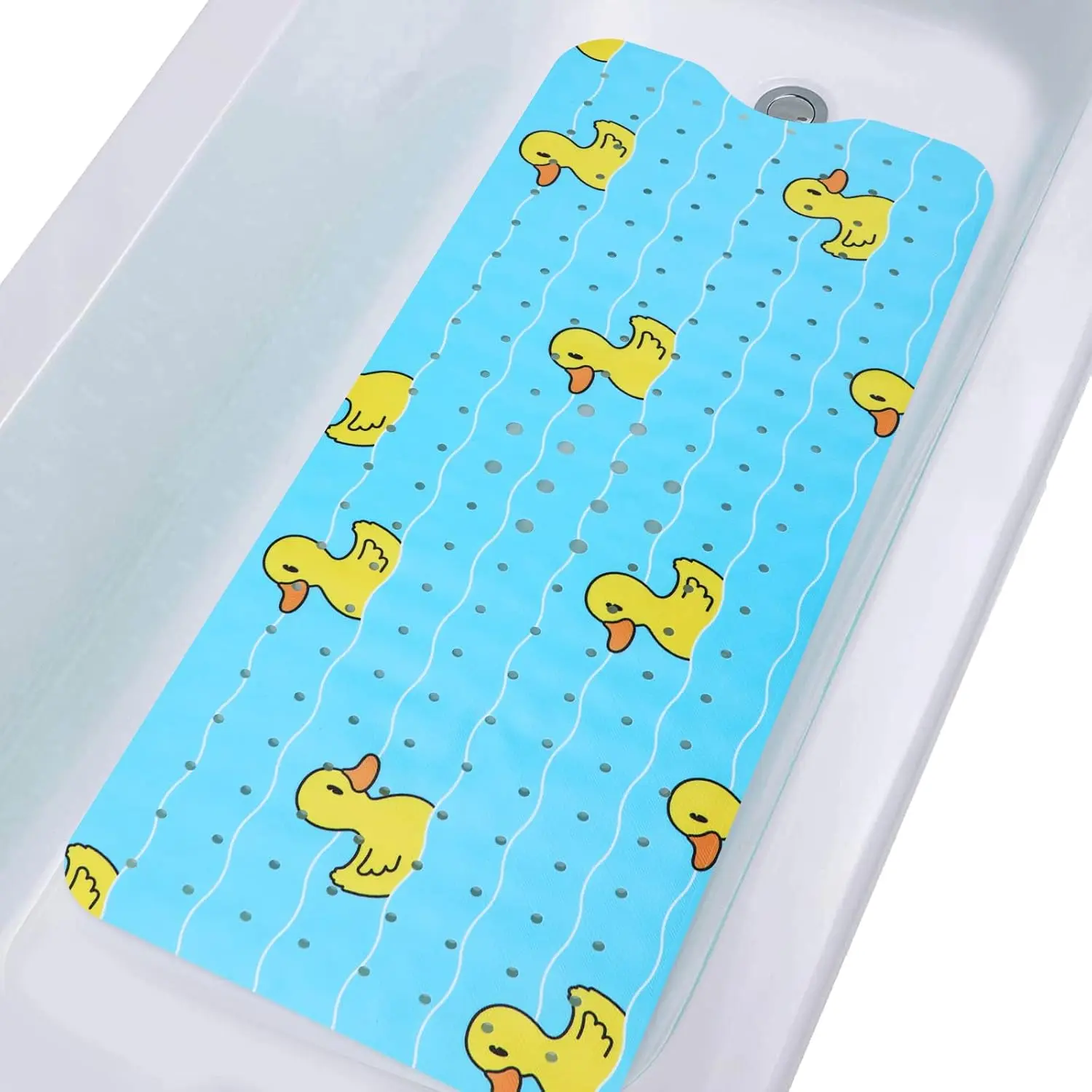 Bath Mat for Tub Non Slip Baby Kids Mat Long 40X16 Inch Blue Toddler Shower Mat Anti Slip Tub Mat with Suction Cups & Drain Holes, Machine Washable,