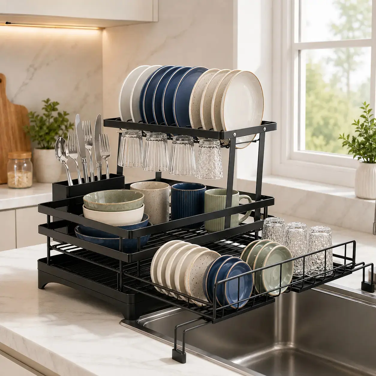 Foldable Over Sink Dish Drying Rack | Pull-Out 2-Tier Dish Drainer with Utensil Holder | Space Saving Kitchen