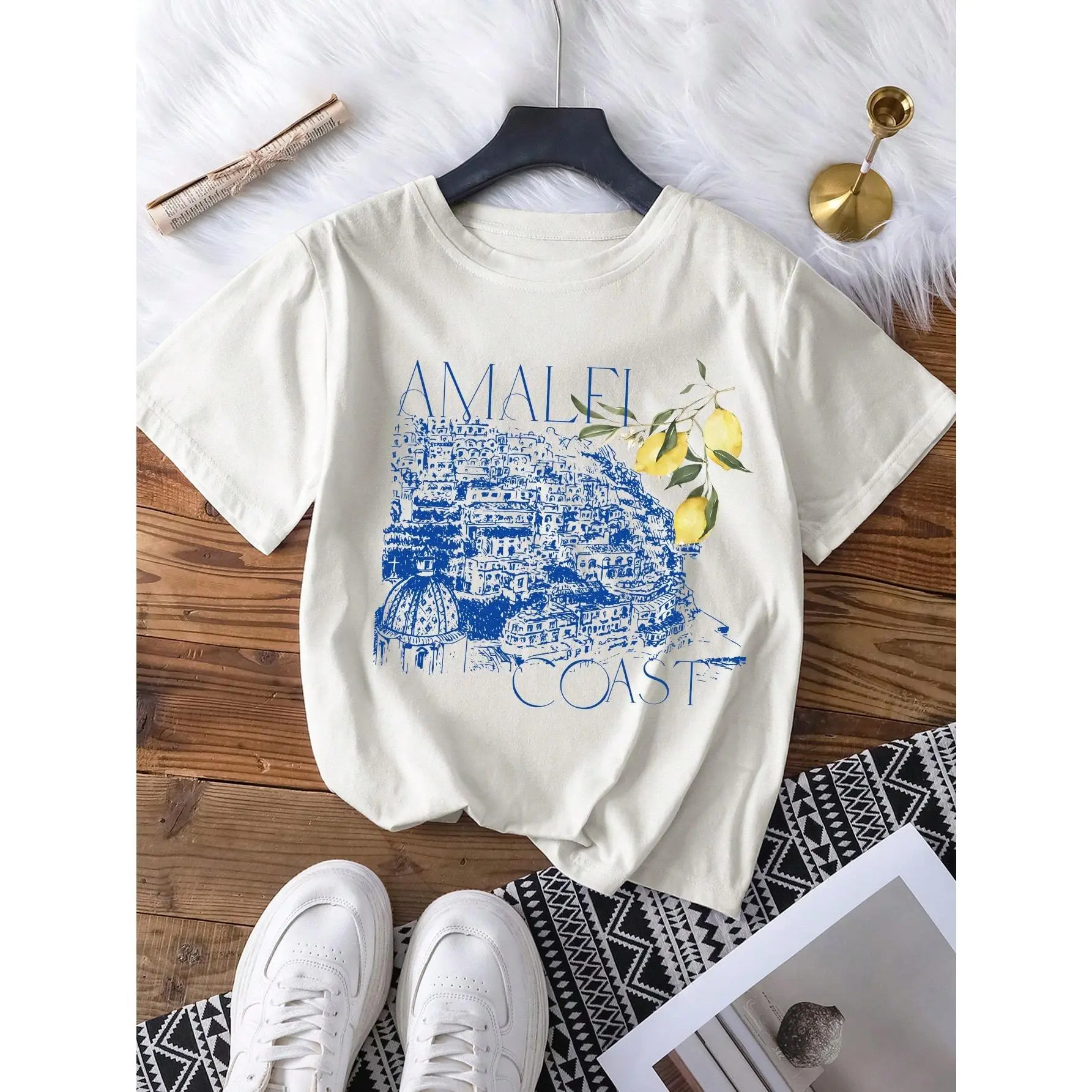 Women's Amalfi Coast Italy Travel Print Short-Sleeve Crew Neck Fitted Streetwear Sports Top, Casual Summer T-Shirt, Lady, Shortsleeve, Tshirt, Casual Tee, Fitted Cut, Round Neck, Women's Clothes, Full Overprint, Machine Wash, Pure Cotton, Short Length