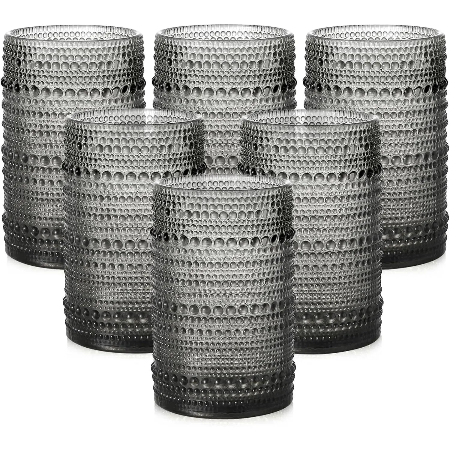 6 Pack 15 oz Lead-Free Vintage Hobnail Texture Grey Drinking Glasses - Embossed Water Tumblers, Dishwasher Safe, for Cocktail, Whiskey, Plus 1 Cleaning Brush