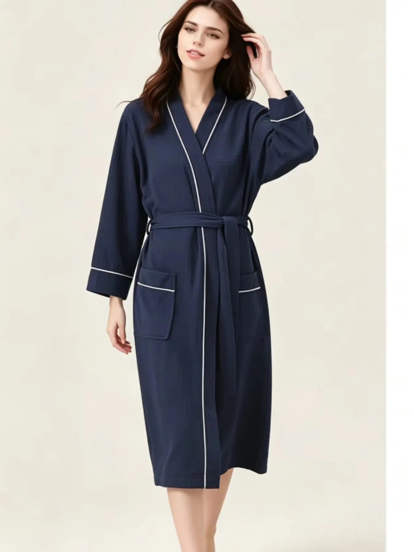 Women's All-Season Waffle Bathrobe, Large Size Long Sleeve Sleep Dress, Quick-Dry Absorbent Robe, Fashionable Trimmed Design, Loungewear