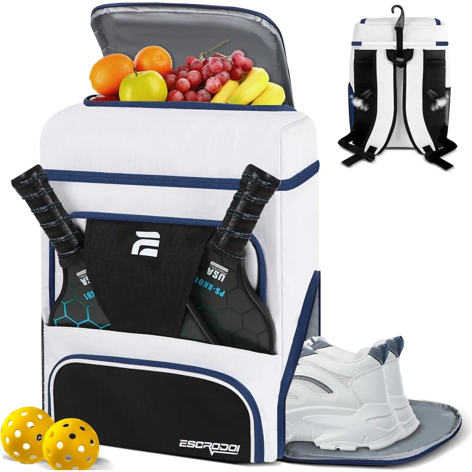 Unisex Polyester Pickleball Backpack with Shoe Compartment, Cooler, Multi-Pockets, Laptop Slot, Large Sport Bag for Sports & Work, Ideal for Paddle Tennis Sporting Gear