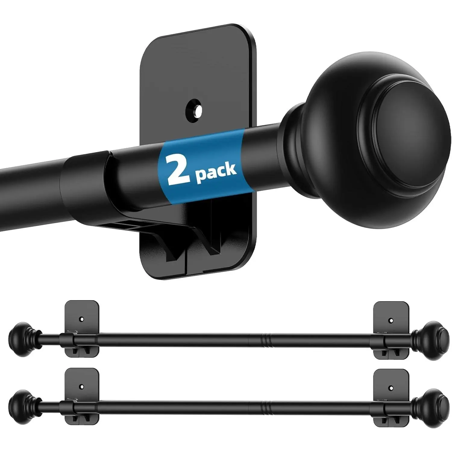 2 Pack No Drilling Black Curtain Rod for Windows 30 45 Inches, 5/8 Inch Diameter Small Curtain Rods Set with Adhesive Brackets, Renter Friendly Adjustable Curtain Rods for Bedroom