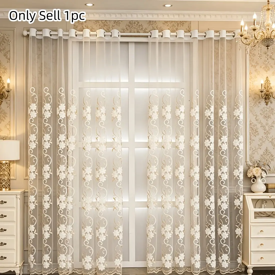 1pc Floral Embroidered Sheer Curtain, European Vine Lace Window Drapes, Soft Light Semi-Transparent Thin Curtain, Home Decoration Curtain for Bedroom, Living Room, Balcony, Window Sheers, Window Curtains