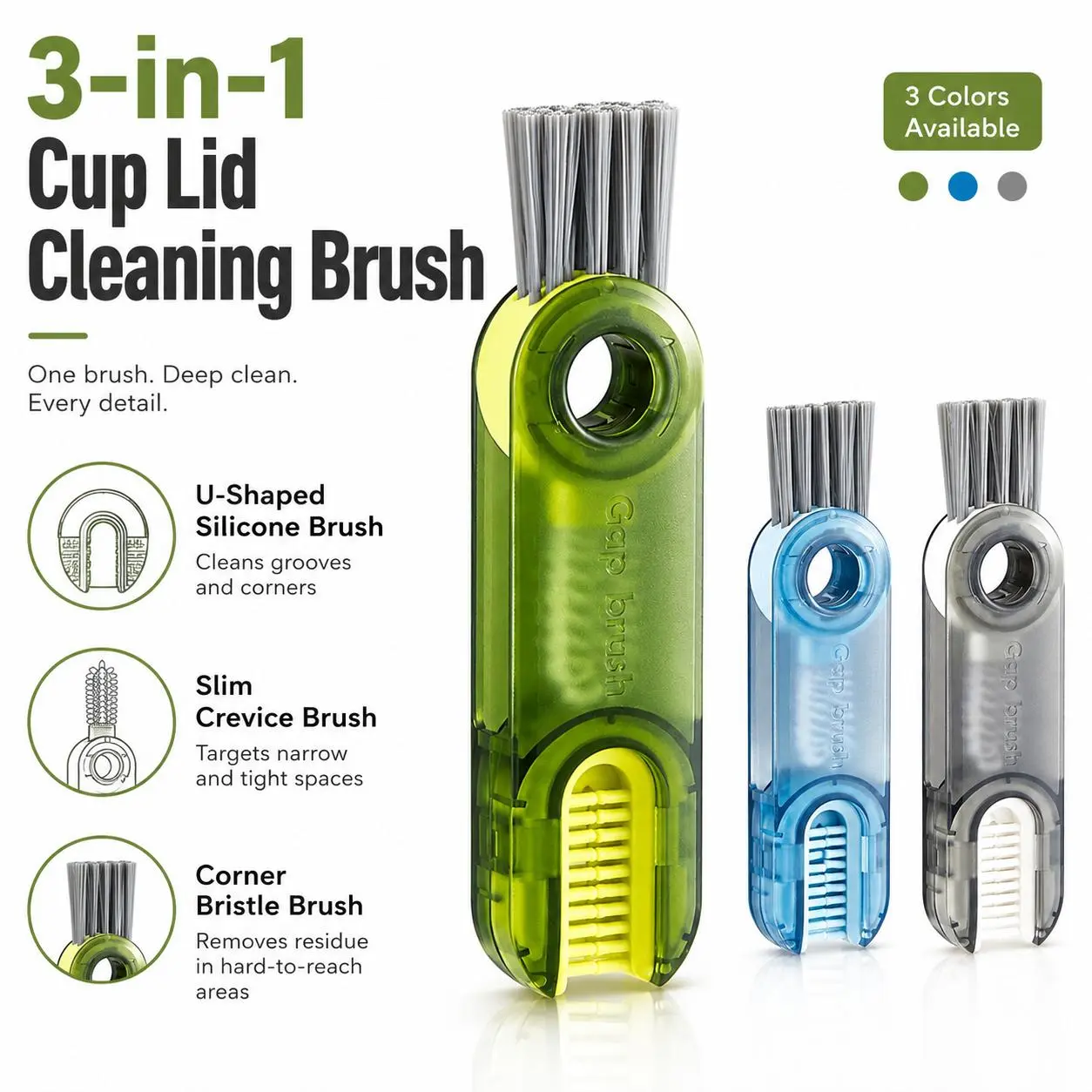Multi-purpose 3-in-1 U Shape Gap Washing Brush, Crevice Cleaner for Bottle Caps, Thermos Lids and All Kinds of Cups, Practical Kitchen & Baby Care Cleaning Accessory