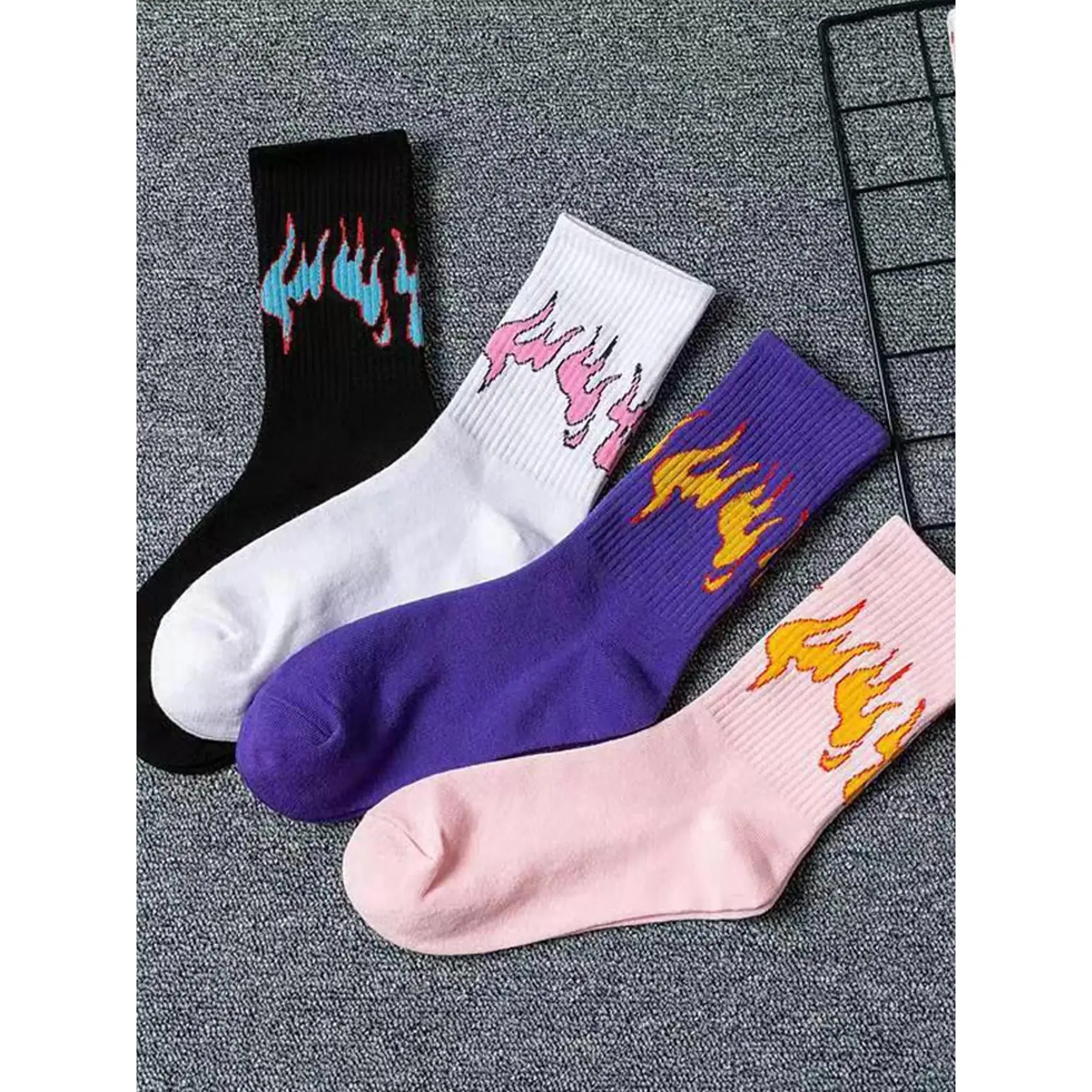 Men's 4 Pairs Fire Pattern Flame Novelty Stylish Crew Socks, Anti-odor Ribbed Knit Socks, Street Style Casual Hip Hop Mid-calf Socks, Multipack Comfy Soft Breathable Socks for Men, Sock Sets, Men's Socks & Hosiery
