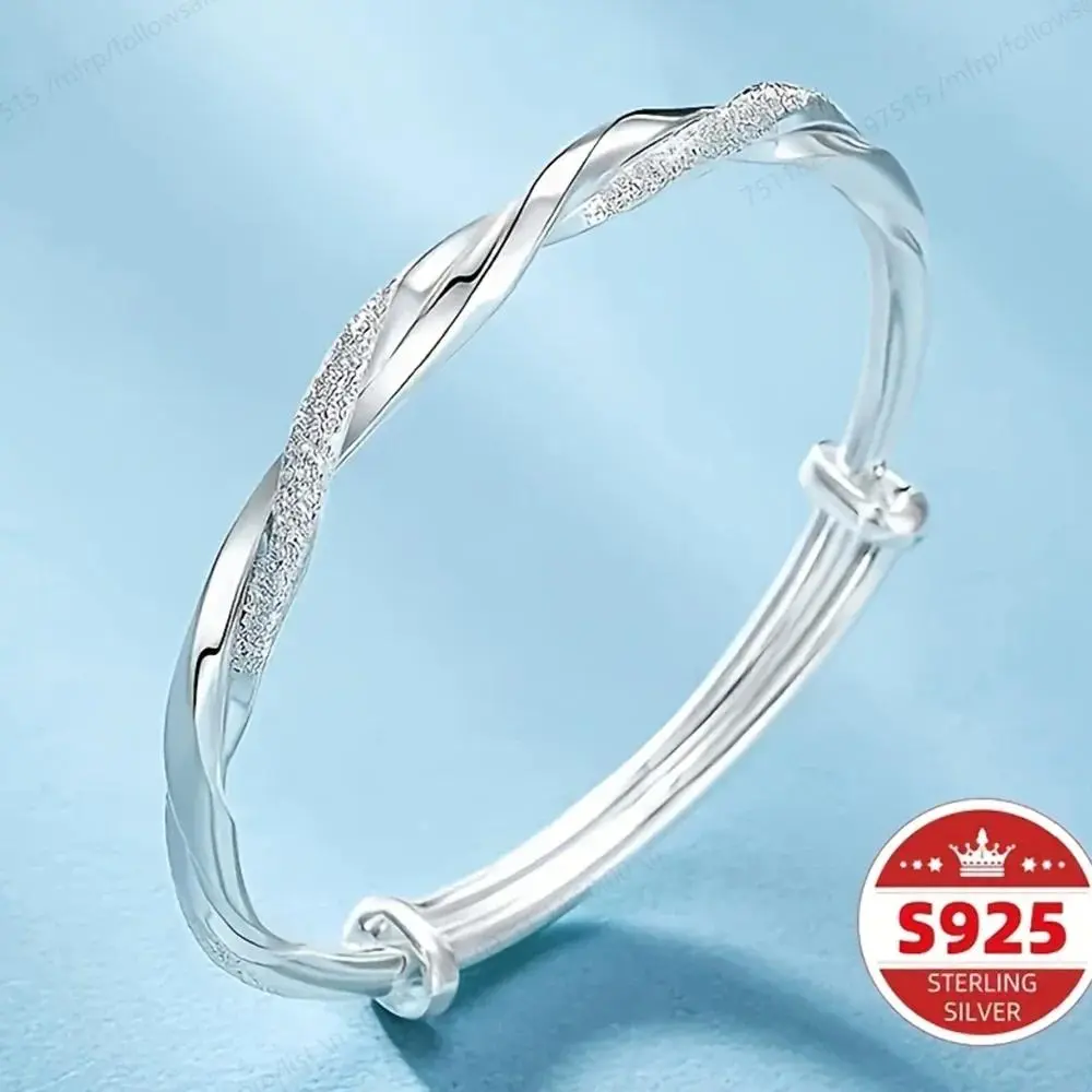 Charming 925 Sterling Silver Delicate Sparkling Woven Bangle for Women, Wedding Accessories, Adjustable Bangle