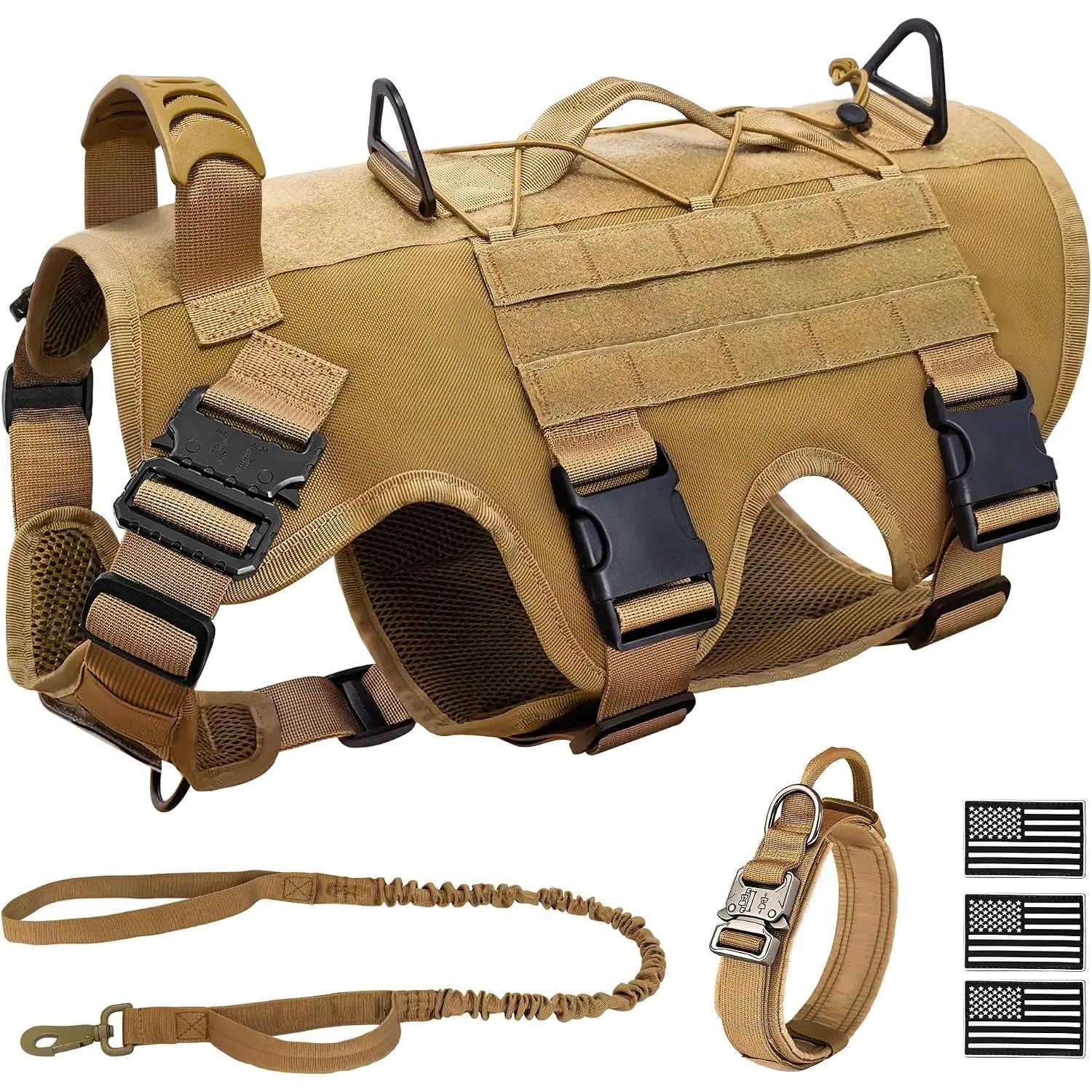 Tactical Dog Harness Kit - Heavy Nylon No-Pull Military Harness with Collar, Bungee Leash & Molle Pouches, Adjustable for Medium-Large Dogs (Chest 21.5"-45"), Khaki Walking Training Gear