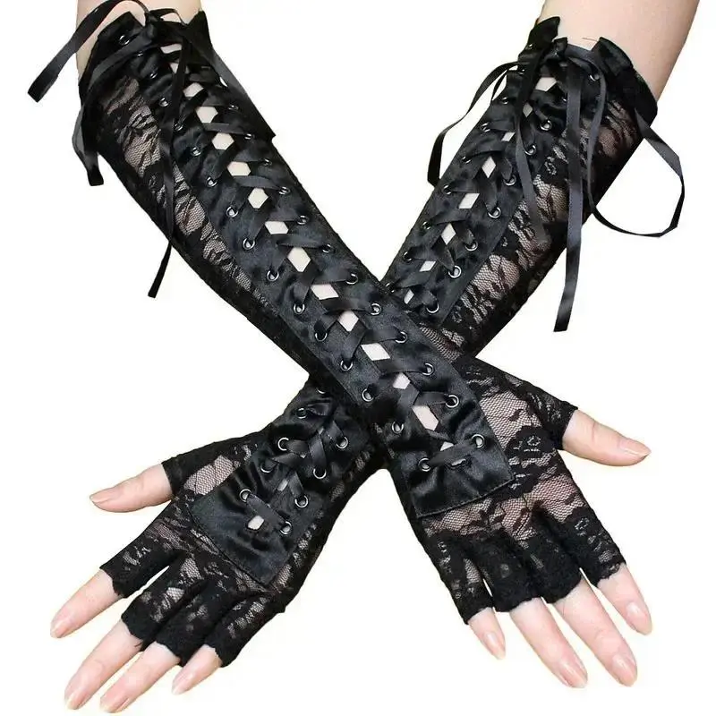 Women's Lace Floral Print Fingerless Fishnet Mesh Elbow-Length Gloves with Black String Ribbon Ties for Party