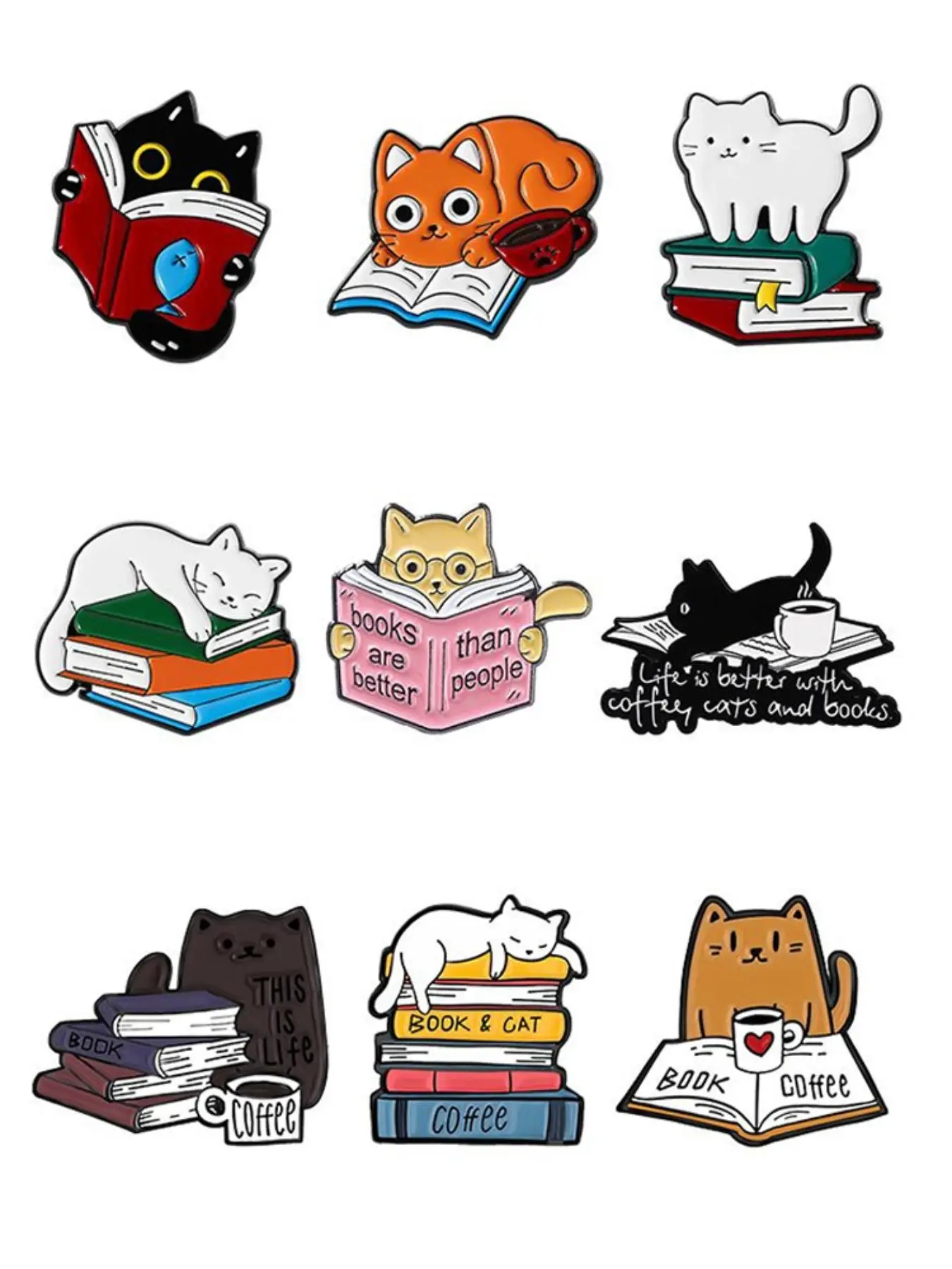 9 Piece Set Cartoon Cat Reading Enamel Pins Cute Animal Book Alloy Brooches Lapel Backpack Badge Fashion Jewelry Accessories Gifts for Friends