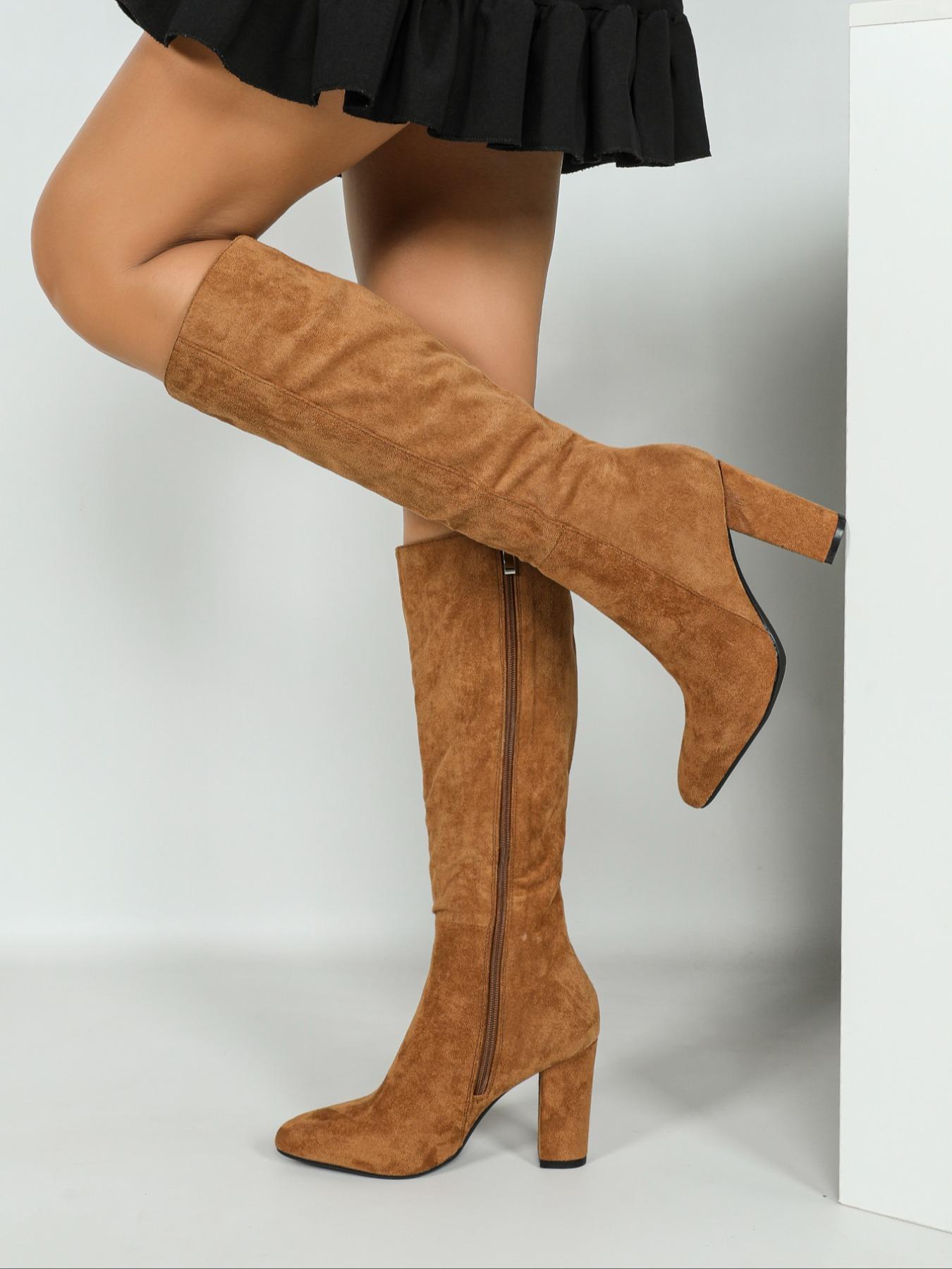 Women's Fall Fashion Pointed Toe High Heel Boots, Elegant Side Zipper Knee-High Shoes, Comfortable Autumn Winter Footwear, Pointed Toes Boots