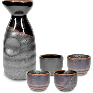 Japanese Sake Set from Gifu Japan 5 Piece Set Includes 1 Tokkuri Bottle Carafe and 4 Ochoko Ceramic Sake Cups Black Kuro Oribe