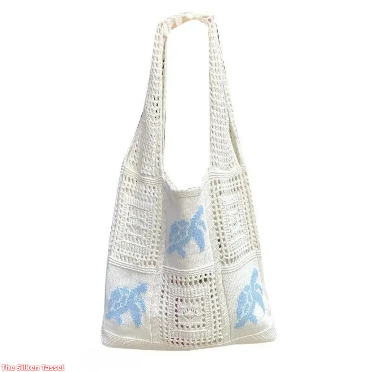 Women's Bohemian-style turtle beach bag, crocheted polyester casual tote bag, large capacity lightweight open tote bag, suitable for summer vacations, everyday bag, handmade tote bag, handmade eco-friendly bag