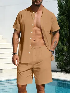 Men's Casual Linen 2 Piece Outfit, Short Sleeve Button Down Shirt and Elastic Waist Shorts, Lightweight Summer Set for Daily & Street