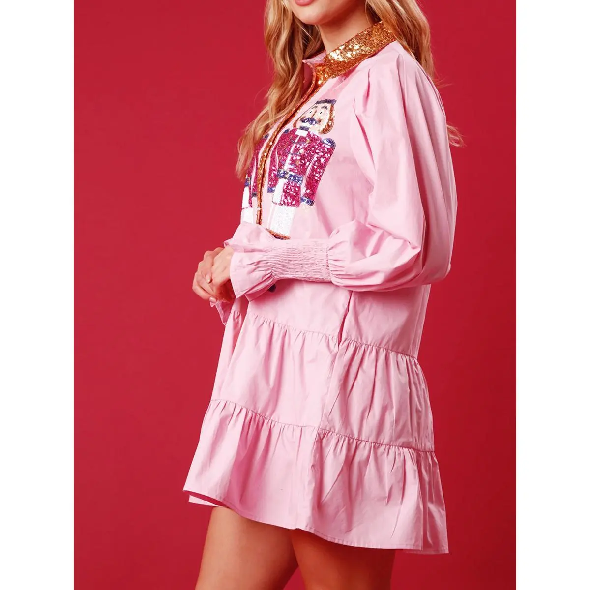Hirigin Women's Christmas Long-Sleeve Graphic Mini Shirt Dress - Tiered, Sequin, Nutcracker Print, Glitter, Acrylic Nylon Polyester Fabric (Fashion Accessory Set), Longsleeves, Holiday, Tiered Glitter, Clothes, Tiered Layer