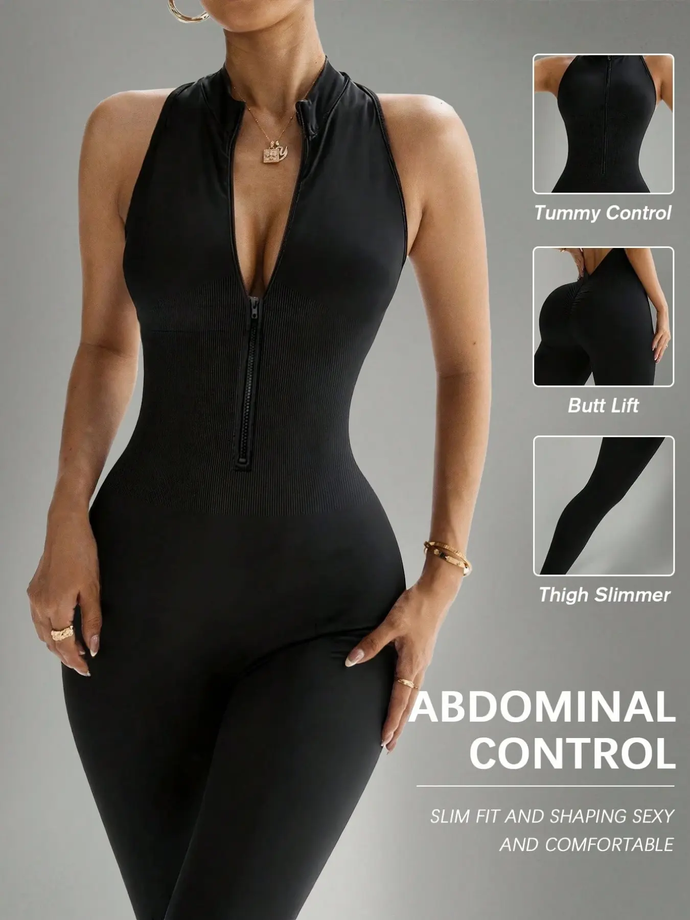 Women's Sportswear Jumpsuit, Zipper Short Jumpsuit, Stretch Jumpsuit, V-Back Ruched Design, Sexy Waist Cinch, Suitable for All Seasons