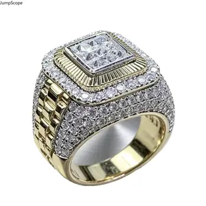 Double Halo Square Center Stone Two-Tone Iced Out Wide Ring, Ideal For Hip Hop Styling, Club Outfits, Streetwear Fashion & Prestige Meaningful Masculine Sentimental Gifts