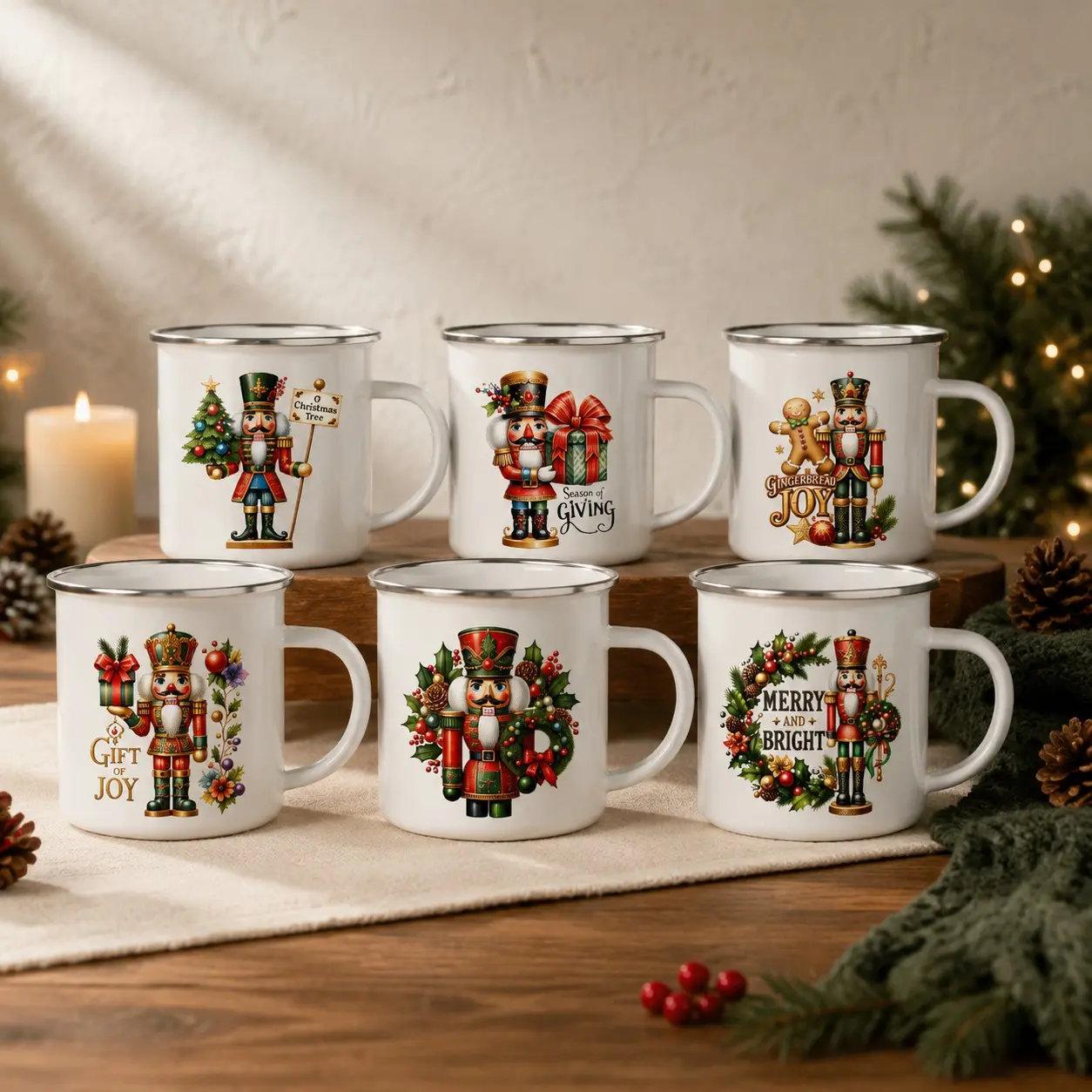 6pcs Nutcracker Wreath Christmas Enamel Camp Mug, Vintage Festive Holiday Graphic, Silver Color Rim, Holiday Gift for Men Coffee Lovers, Drinkware