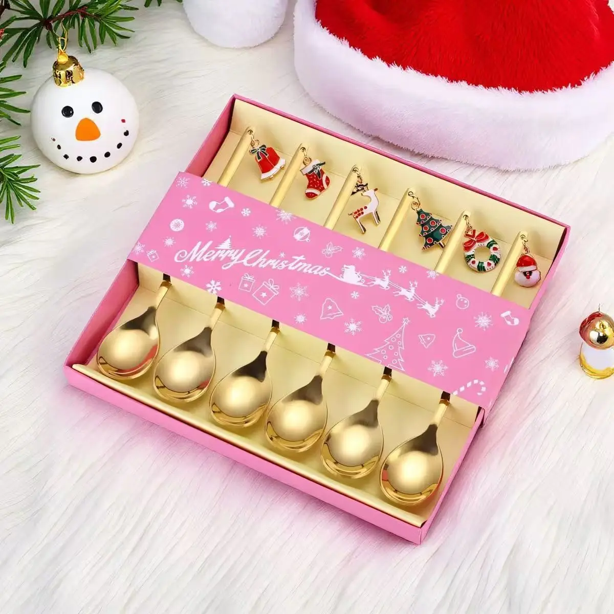Stainless Steel Pendant Spoon Set, Santa Claus and Reindeer Design, Coffee Stirrer, Dessert Spoon, Gift Box Included