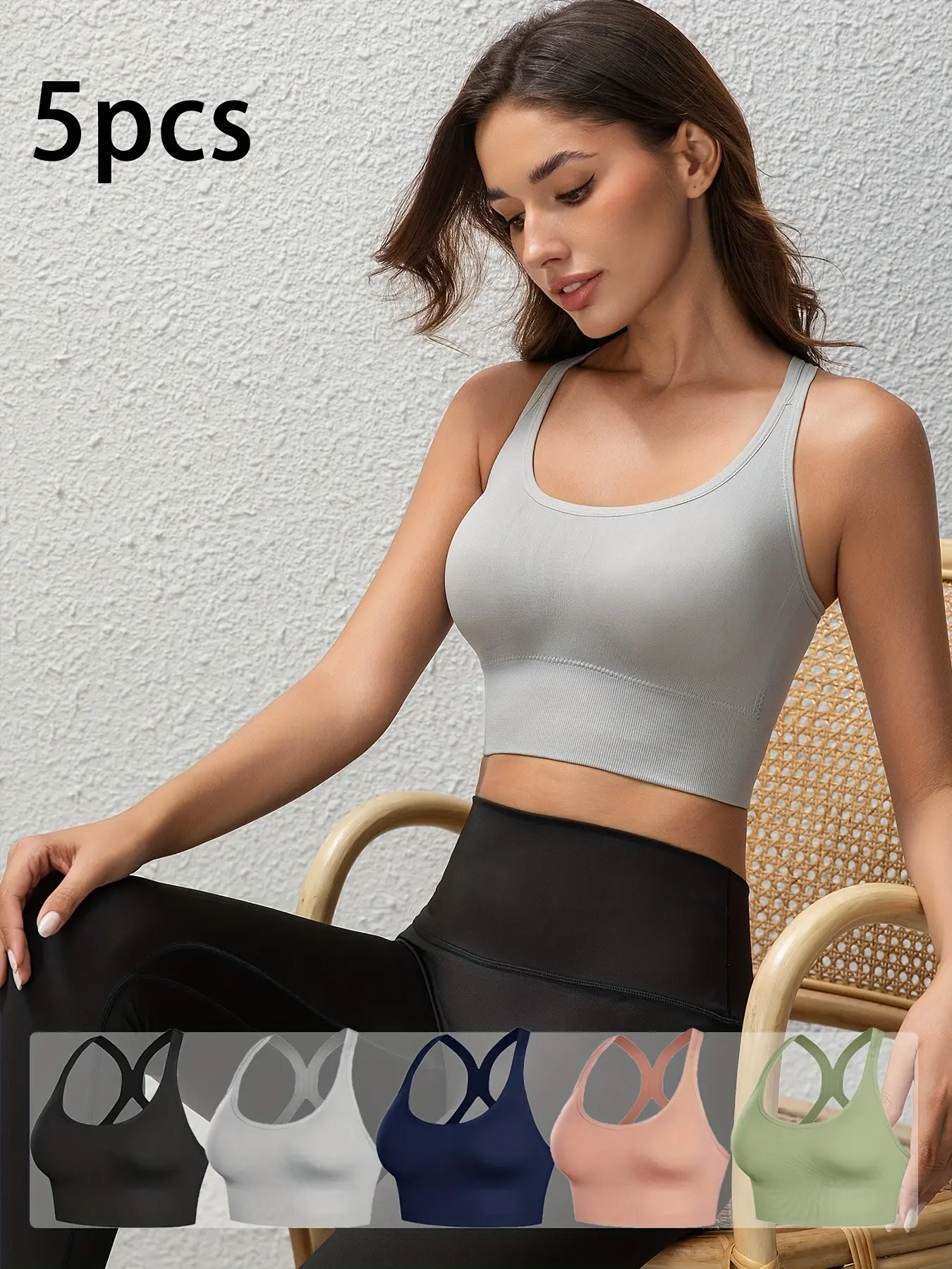 5-Pack Women's High Support Wireless Sports Bras Workout Bra, Soft Breathable, Shockproof, Detachable Pads, Cross Back Design, All Seasons, Sporty Breathable Bras