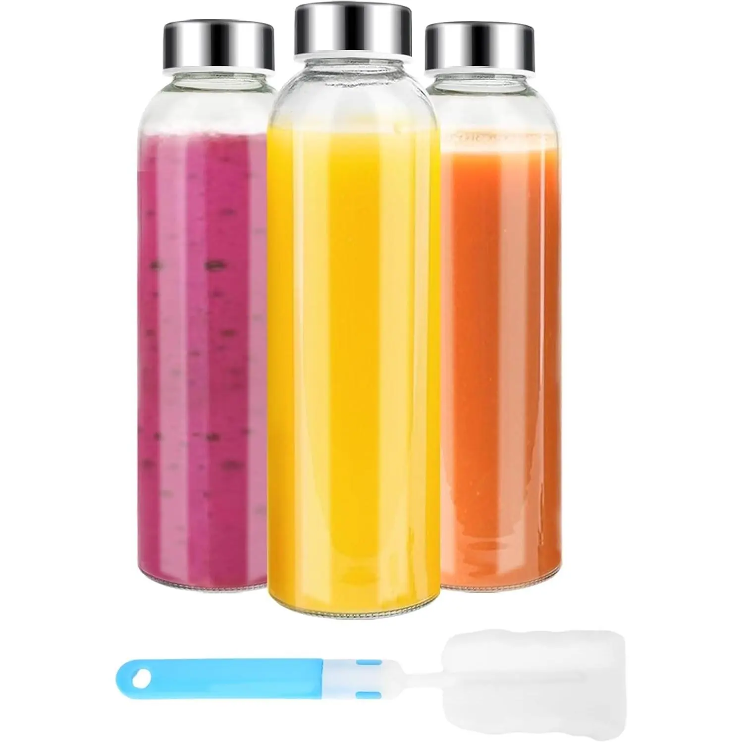 Clear Glass Bottles with Lids, 18oz Glass Water Bottles for Juicing | 100% Leak Proof Reusable Juice Bottle with Stainless Steel Cap for Smoothie, Milk, Refrigerator, Dishwasher Safe, Set of 3