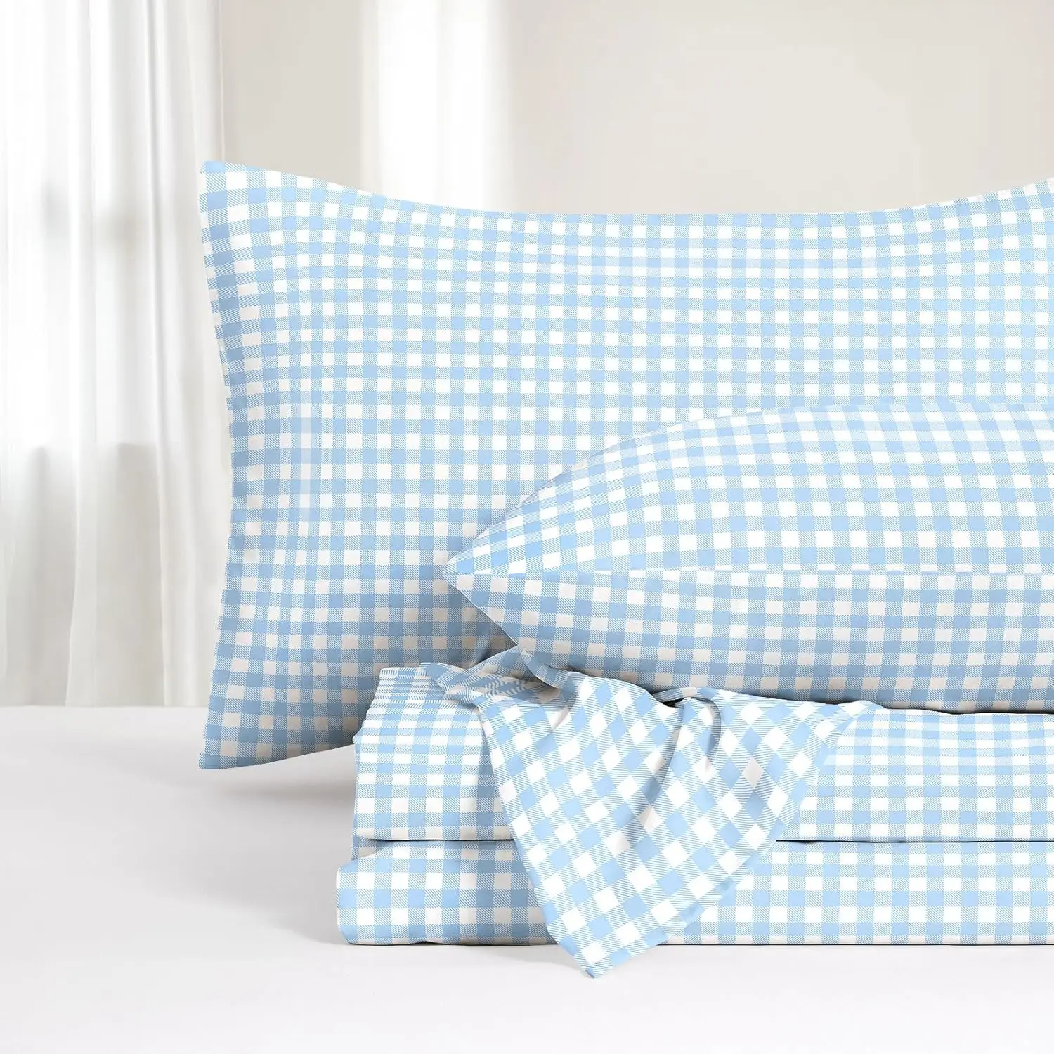 - Ggham Bed Sheets, 4- Sheet Set,  Checkered Check  Prted Cute Preppy College Dorm Beddg, Deep Pocket, Light Blue,  Size