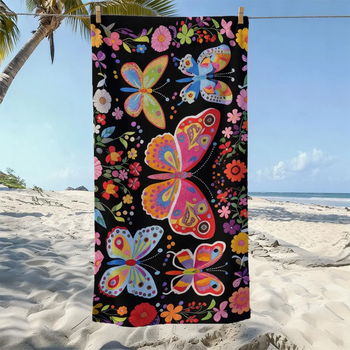 Colorful Butterfly Pattern Ultra-Fine Fiber Beach Towel, Lightweight Quick-Dry Sand-Resistant, Ideal for Pool, Beach, Travel, Camping