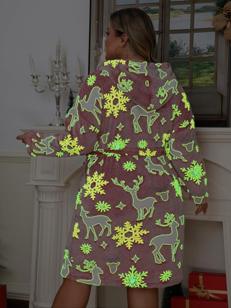 【Plus Size】 Halloween Themed Cartoon Pumpkin Print Glow In The Dark Belted Hooded Lounge Robe, Casual Long Sleeve Pocket Design Dressing Gown, Women's Fluffy Pajamas for Fall & Winter 【Plus Size】 Halloween Themed Cartoon Pumpkin Print Glow In The Dark Belted Hooded Lounge Robe, Casual Long Sleeve Pocket Design Dressing Gown, Women's Fluffy Pajamas for Fall & Winter