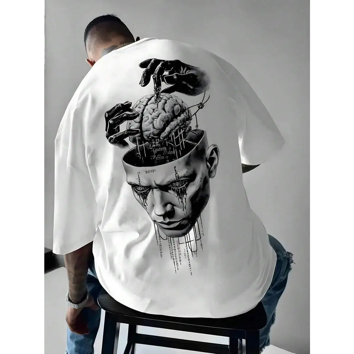 Men's Oversized Cotton Graphic Tee, Abstract Human Head & Brain Art Print, Y2K Crew Neck Short Sleeve, Loose Fit Streetwear T-Shirt For Summer Daily
