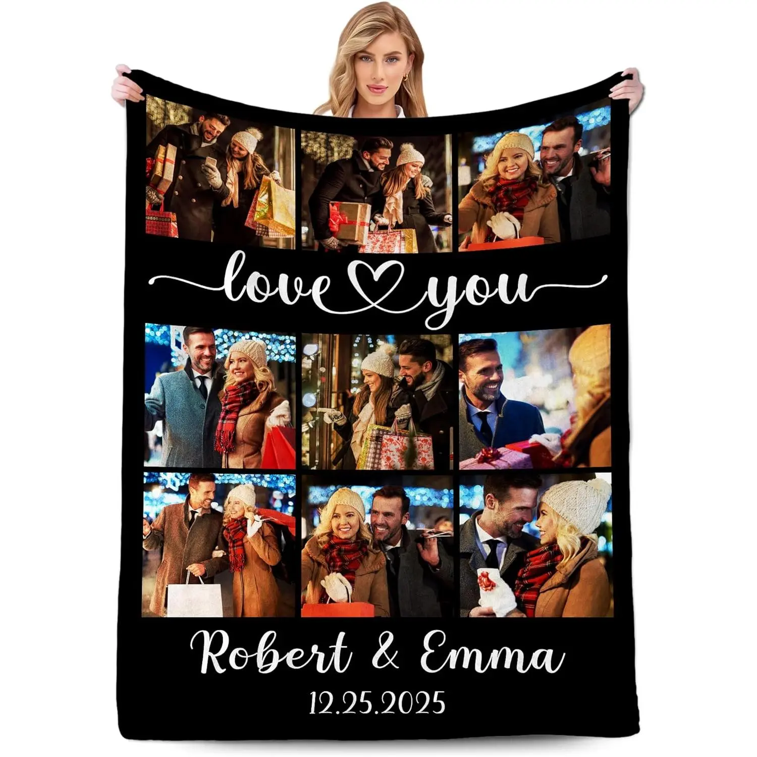 Custom Photo Flannel Throw Blanket, Black 3x3 Couples Collage Blanket with "Love You" Script Heart Design, Personalized Names & Date, Soft Cozy Warm Blanket for Christmas, Anniversary, Valentine’s Day & Couples Gift
